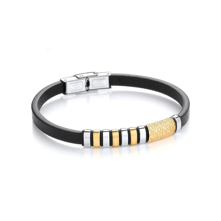 Stainless Steel Yellow Gold Fleur-De-Lys Vegan Leather Bracelet